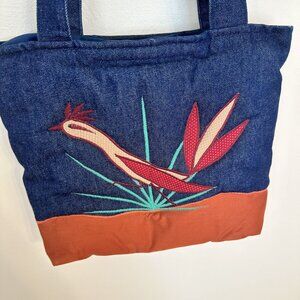 Jay Jay Denim Tote Bag Handmade Women Shoulder Purse Bird Embroidery Boho Signed